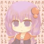  1girl chibi commentary_request dress hair_ornament hazuki_ruu looking_at_viewer low_twintails open_mouth purple_hair smile solo twintails upper_body violet_eyes vocaloid yuzuki_yukari 