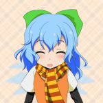  1girl alternate_costume blue_hair blush bow cato_(monocatienus) cirno closed_eyes commentary_request dress hair_bow halloween open_mouth scarf short_over_long_sleeves smile solo touhou upper_body yellow_dress 