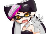  +_+ 1girl aori_(splatoon) black_hair brown_eyes close-up commentary detached_collar earrings fangs food food_on_head gloves highres jewelry long_hair mask mole mole_under_eye object_on_head open_mouth pointy_ears smile solo splatoon strapless tentacle_hair upper_body white_background white_gloves writer_park 