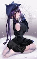  1girl animal_hat artist_name bare_shoulders black_eyes blue_gloves blue_hat blush breasts cabbie_hat cat_hat clothing_cutout commentary cool_mita_(miside) english_commentary feet full_body gloves gradient_background grey_background hat highres large_breasts light_particles long_hair long_sleeves miside no_shoes parted_lips purple_hair ringeko-chan shoulder_cutout sitting smile soles solo sparkle thigh-highs twintails v white_thighhighs 