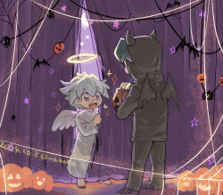  2boys angel barefoot blush_stickers brothers curtains demon_costume fake_halo green_hair halloween_bucket halo holding marufuji_ryo marufuji_sho moiko multiple_boys open_mouth short_hair siblings socks traditional_halo violet_eyes white_wings wings yu-gi-oh! yu-gi-oh!_gx 
