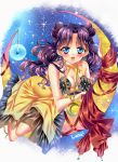  1girl absurdres bishoujo_senshi_sailor_moon black_flower blue_eyes breasts cleavage double_bun dress earrings happy highres jewelry long_hair luna_(sailor_moon) moon personification purple_hair solo touki_matsuri yellow_dress 