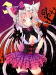  1girl ;p animal_ears blue_eyes breasts cat_ears cat_tail cleavage gloves halloween long_hair meiya_neon one_eye_closed original solo tail thigh-highs tongue tongue_out white_hair 