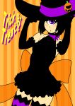  1girl black_clothes black_dress black_gloves black_hair blush bow cowboy_shot cyclops dress elbow_gloves gloves halloween_costume hat kouda_tomohiro manako monster_musume_no_iru_nichijou one-eyed orange_background orange_bow solo striped striped_background thigh-highs trick_or_treat violet_eyes witch_hat zettai_ryouiki 