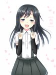  1girl arm_warmers asashio_(kantai_collection) black_hair blue_eyes blush character_name dated dotera-otoko double_v kantai_collection long_hair looking_at_viewer open_mouth petals pleated_skirt school_uniform serafuku shirt simple_background skirt smile solo suspenders twitter_username v 