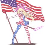  1girl american_flag american_flag_legwear american_flag_shirt blonde_hair blush clownpiece fairy_wings flat_color full_body hat jester_cap long_hair looking_at_viewer miata_(pixiv) open_mouth pantyhose print_legwear red_eyes short_sleeves simple_background smile solo star striped touhou white_background wings 
