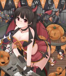  4girls :3 bare_shoulders bat black_gloves black_hair black_legwear breasts broom brown_hair candy choker choukai_(kantai_collection) costume crescent_moon dated demon_girl demon_horns demon_tail demon_wings fairy_(kantai_collection) fake_horns fake_tail fake_wings glasses gloves grave hair_ornament halloween halloween_costume hat heart highres horns kantai_collection long_hair look-alike looking_at_viewer midriff minigirl moon multiple_girls object_hug pleated_skirt pumpkin red_eyes ribbon rimless_glasses semi-rimless_glasses short_hair skirt smile spider_web_print star tail thigh-highs tombstone under-rim_glasses wings witch_hat yukichi_(sukiyaki39) |_| 