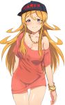  1girl bare_shoulders baseball_cap blonde_hair blue_eyes blush bracelet breasts character_request cleavage collarbone cowboy_shot earrings hat idolmaster idolmaster_cinderella_girls idolmaster_million_live! jewelry long_hair no_pants off_shoulder short_sleeves simple_background smile solo thigh_gap upa24maru white_background 