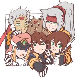  2boys 3girls aile_(mega_man_zx) ashe_(mega_man) blonde_hair blue_eyes body_fur brown_eyes brown_fur brown_hair dark-skinned_male dark_skin dog facial_mark forehead_mark green_eyes grey_(mega_man) grey_hair group_picture hat highres long_hair mega_man_(series) mega_man_zx mega_man_zx_advent multiple_boys multiple_girls prairie_(mega_man) raica_(khongbautroi) robot_ears scar scar_on_face shako_cap short_hair simple_background stuffed_animal stuffed_cat stuffed_toy vent_(mega_man) white_background 