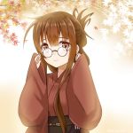  1girl bespectacled blush brown_eyes brown_hair eko folded_ponytail glasses inazuma_(kantai_collection) japanese_clothes kantai_collection long_hair looking_at_viewer smile solo 