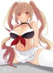  1girl 2015 bikini black_bikini blush breasts brown_eyes brown_hair choker cleavage dated hair_ribbon highres kantai_collection large_breasts long_hair murasame_(kantai_collection) navel ribbon signature simple_background skirt smile solo spread_legs swimsuit tbd11 thigh-highs twintails white_background 