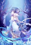  1girl bare_tree black_hair blue_eyes braid chariot.f double_bun haku_(p&amp;d) long_hair looking_back multicolored_hair puzzle_&amp;_dragons solo spandex tail tiger_tail tree white_hair 