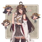  ahoge bespectacled black_hair blue_eyes brown_hair cup double_bun fang glasses hairband haruna_(kantai_collection) heart hiei_(kantai_collection) japanese_clothes kantai_collection kirishima_(kantai_collection) kongou_(kantai_collection) kugi_ta_hori_taira long_hair multiple_girls nontraditional_miko one_eye_closed open_mouth pantyhose semi-rimless_glasses short_hair skirt smile teacup thigh-highs under-rim_glasses 