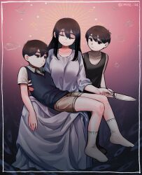  1girl 2boys ankle_socks bare_arms bare_shoulders black_background black_eyes black_hair black_socks black_sweater_vest black_tank_top breasts brother_and_sister closed_eyes closed_mouth collarbone collared_shirt colored_skin commentary double-parted_bangs dress dual_persona empty_eyes fingernails frown full_body gokun gradient_background hair_behind_ear hair_between_eyes hand_on_another&#039;s_back highres holding holding_knife inset_border jesus knees_together_feet_apart knife large_breasts long_dress long_hair looking_at_another mari_(faraway)_(omori) mari_(omori) multiple_boys no_pupils no_shoes omori omori_(omori) pink_background shirt short_hair short_sleeves siblings sidelocks sitting sitting_on_lap sitting_on_person smile socks something_(omori) sparkle straight_hair sunny_(omori) sweater_vest tank_top twitter_username u_u white_dress white_shirt white_skin white_socks 