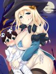  1girl atago_(kantai_collection) blonde_hair blush breasts cleavage erect_nipples halloween hat highres kantai_collection licking_lips long_hair naughty_face scar shota_admiral_(kantai_collection) side-tie_bikini stitches sumemako tongue tongue_out witch_hat 