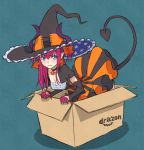 1girl amazon_(company) box cardboard_box choker dress earrings fate/extra fate/extra_ccc fate/grand_order fate_(series) halloween_elizabeth_(fate/grand_order) hat highres horns in_box in_container jewelry lancer_(fate/extra_ccc) long_hair pointy_ears pumpkin solo tail utu_(ldnsft) witch_hat 