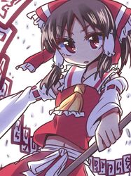  1girl brown_hair detached_sleeves hair_ribbon hair_tubes hakurei_reimu hikawa_shou looking_at_viewer navel no_nose ofuda open_mouth red_eyes ribbon solo touhou 