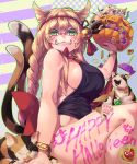  1girl :3 animal_ears blonde_hair body_writing bottomless bracelet braid breasts candy cat cat_ears cat_tail facepaint green_eyes halloween happy_halloween henkyuu_iwashi highres jack-o&#039;-lantern jewelry large_breasts long_hair original sideboob slit_pupils solo tail wrapped_candy 