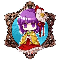  black_footwear blunt_bangs blunt_ends breasts chibi chibi_only closed_mouth commentary_request floral_print flower full_body green_kimono hair_flower hair_ornament hieda_no_akyuu japanese_clothes kimono long_sleeves looking_at_viewer medium_breasts purple_hair red_skirt skirt smile socha touhou transparent_background violet_eyes wide_sleeves yellow_kimono 