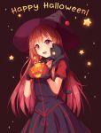  1girl :d artist_name black_background black_cat black_dress black_gloves blush borrowed_character cat cowboy_shot dress gloves glowing happy_halloween hat holding_pumpkin hyanna-natsu jack-o&#039;-lantern long_hair open_mouth original red_eyes redhead short_sleeves simple_background smile standing star witch_hat yellow_sclera 