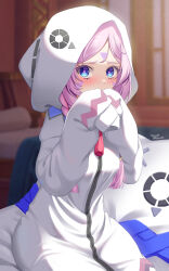  1girl absurdres blue_eyes blurry blurry_background blush braid citlali_(genshin_impact) commentary_request facial_mark forehead_mark fuyunash1 genshin_impact hands_up highres hood hood_up long_hair looking_at_viewer onesie pajamas pink_hair pink_pupils sitting sleeves_past_wrists solo triangle triangle_facial_mark twin_braids very_long_hair 