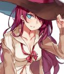  1girl blue_eyes breasts cleavage close-up collarbone earrings hat ichinose_shiki idolmaster idolmaster_cinderella_girls jewelry long_hair long_sleeves looking_at_viewer off_shoulder pink_hair shirt smile solo very_long_hair witch_hat zi_se 