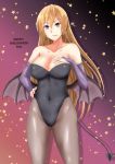  1girl 2015 :p bare_shoulders blonde_hair breasts cleavage collarbone covered_navel demon_tail demon_wings green_kaminari halloween hand_on_hip hand_on_own_chest happy_halloween highres large_breasts leotard long_hair low_wings nakiri_erina pantyhose shokugeki_no_souma solo star tail tongue tongue_out violet_eyes wings 