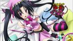  1girl bed black_hair copyright_name hair_ribbon high_school_dxd_born highres long_hair looking_at_viewer navel official_art open_mouth pink_ribbon ribbon serafall_leviathan skirt solo staff striped striped_legwear thigh-highs violet_eyes zettai_ryouiki 