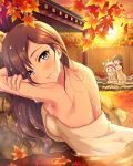  3girls artist_request ass back black_hair blonde_hair bubble closed_eyes fujiwara_hajime green_eyes idolmaster idolmaster_cinderella_girls jpeg_artifacts leaf long_hair looking_back maple_leaf multiple_girls naked_towel official_art onsen solo_focus towel violet_eyes yagami_makino yusa_kozue 