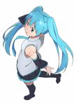  1girl bare_shoulders black_legwear blue_eyes blue_hair boots detached_sleeves elel185 foreshortening from_above hatsune_miku long_hair looking_at_viewer looking_up open_mouth simple_background solo tattoo thigh-highs thigh_boots twintails vocaloid white_background 
