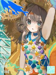  1girl :o arm_up armpits blue_choker blue_eyes blue_shorts bracelet brown_hair brown_hat choker cowboy_shot dress english_text fishnet_dress hair_ornament hairclip hat highres jewelry looking_at_viewer marcus_(on_the_white_sand)_(reverse:1999) marcus_(reverse:1999) navel official_alternate_costume qr_code reverse:1999 shell shorts sitamiyamiyako sleeveless sleeveless_dress solo starfish strapless straw_hat tube_top very_low_bun white_tube_top 