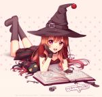  1girl :d black_cat black_gloves book boots borrowed_character cat choker collarbone dress gloves hand_on_own_cheek hat hyanna-natsu key knee_boots lock long_hair looking_at_viewer lying on_back on_stomach open_book open_mouth original red_dress red_eyes redhead simple_background smile witch_hat yellow_sclera 