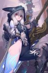  1girl :o artist_request asymmetrical_clothes bright_pupils character_request copyright_request gauntlets highres hood huge_weapon leg_armor long_hair looking_at_viewer red_eyes solo sword tattoo weapon white_hair 