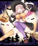  1girl :o armpits bangs bare_tree basket bat black_gloves black_hat black_ribbon black_skirt blunt_bangs blush bow breasts broom broom_riding brown_shoes candy cape crossover dangan_ronpa from_below gloves grave hair_ornament hairclip halloween hand_on_headwear hat hat_bow highres jack-o&#039;-lantern kuramira large_breasts letterboxed looking_at_viewer mary_janes miniskirt mismatched_legwear moon nanami_chiaki navel night night_sky orange_legwear pleated_skirt pumpkin pumpkin_hair_ornament purple_bow purple_hair purple_legwear raised_hand ribbon shoes skirt sky solo striped super_dangan_ronpa_2 thigh-highs tongue tree upskirt violet_eyes white_bow witch_hat 