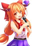  1girl :d bare_arms bare_shoulders belt blush bow cookie_(touhou) fang hair_bow highres horn_bow horns ibuki_suika large_bow long_hair looking_at_viewer low-tied_long_hair microphone open_mouth orange_eyes orange_hair skirt small_breasts smile solo szk torn_clothes torn_sleeves touhou very_long_hair 