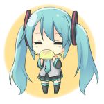  1girl =_= aqua_hair bare_shoulders black_legwear bread bread_in_mouth chibi detached_sleeves eating end_tieno food hair_ribbon hatsune_miku long_hair melon_bread necktie pleated_skirt ribbon skirt solo thigh-highs twintails very_long_hair vocaloid zettai_ryouiki 