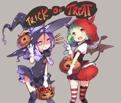  2girls aoi_tsunami brown_eyes candy demon_tail demon_wings fang gloves green_eyes green_hair halloween hat highres hood horns jack-o&#039;-lantern long_hair mismatched_legwear multiple_girls original pumpkin_pants purple_hair star star-shaped_pupils striped striped_legwear symbol-shaped_pupils tail thigh-highs triangle_mouth trick_or_treat v wings witch_hat zettai_ryouiki 