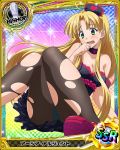  1girl asia_argento bishop_(chess) blonde_hair blue_panties breasts card_(medium) character_name cleavage dress embarrassed green_eyes high_school_dxd long_hair open_mouth panties pantyhose sleeveless sleeveless_dress solo torn_clothes torn_pantyhose underwear 