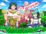  1boy 2girls broly dragon_ball dragon_ball_z highres mountain multiple_girls mystia_lorelei nature ohoho outdoors stream touhou wriggle_nightbug 