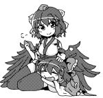  2girls closed_eyes hair_ribbon hair_tubes hakurei_reimu hand_on_another&#039;s_head hat lap_pillow monochrome multiple_girls odochi_(1or8) outstretched_arms pom_pom_(clothes) ribbon shameimaru_aya smile touhou wings 