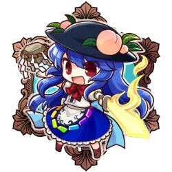  1girl :d apron aqua_bow back_bow black_footwear black_hat blue_hair blue_skirt bow center_frills chibi commentary_request frilled_skirt frills full_body hat hat_ornament hinanawi_tenshi holding holding_sword holding_weapon kaname-ishi leaf_hat_ornament long_hair open_mouth outstretched_arms peach_hat_ornament puffy_short_sleeves puffy_sleeves red_bow red_eyes rope shimenawa shirt short_sleeves skirt smile socha solo spread_arms sword sword_of_hisou touhou transparent_background v-shaped_eyebrows very_long_hair weapon white_apron white_shirt 