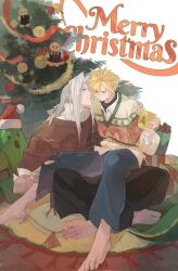  2boys :| arm_around_shoulder arm_up barefoot black_pants black_shirt blonde_hair blue_eyes blue_pants blush box buttons christmas christmas_ornaments christmas_sweater christmas_tree closed_mouth cloud_strife collared_shirt commentary cup english_text final_fantasy final_fantasy_vii gift gift_box green_eyes hair_behind_ear hand_on_another&#039;s_leg hat highres holding holding_cup indian_style layered_clothes layered_sleeves long_hair long_sleeves male_focus merry_christmas mgt_85363 mug multiple_boys on_lap pants parted_lips pillow pom_pom_(clothes) red_ribbon red_sweater ribbon sabotender santa_hat sephiroth shirt sitting smile spiky_hair sweater symbol-only_commentary tinsel turtleneck very_long_hair white_background white_hair white_shirt wing_collar 