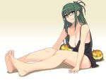  1girl barefoot black-framed_glasses breasts chemise cleavage feet glasses green_eyes green_hair highres ino jack-o&#039;-lantern kisaragi_rei large_breasts long_hair looking_at_viewer otome_function simple_background sitting smile solo 