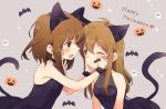  2girls :d alternate_costume alternate_hairstyle animal_ears bare_arms bare_shoulders brown_eyes cat_ears cat_tail face_painting hair_down halloween halloween_costume happy_halloween ikazuchi_(kantai_collection) inazuma_(kantai_collection) kantai_collection long_hair moca_blanc multiple_girls one_eye_closed open_mouth short_hair smile tail whisker_markings 