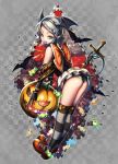  1girl ass bangle bat bow bracelet braid candy checkered checkered_background cross demon_girl demon_tail fake_wings fang fu-mi.a full_body green_eyes grey_background grey_hair hair_ornament hairband halloween head_wings holding jack-o&#039;-lantern jewelry lollipop mary_janes mouth_hold original over-kneehighs pointy_ears pumpkin shoes short_hair skirt skull_hair_ornament solo striped striped_legwear swirl_lollipop tail thigh-highs wings wrapped_candy 