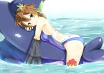  1girl bluekalmia blush breasts brown_hair green_eyes looking_at_viewer lying on_stomach oshiro_project smile solo water 