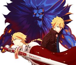  1boy absurdres ahoge armor blonde_hair blue_fur blue_shirt braid brown_jacket cape excalibur_(fate/stay_night) fate/grand_order fate/strange_fake fate_(series) glowing_veins highres holding holding_sword holding_weapon jacket lion looking_at_viewer multicolored_hair red_cape red_eyes richard_i_(fate) richard_i_(second_ascension)_(fate) richard_i_(third_ascension)_(fate) shirt simple_background single_braid sword weapon white_background yellow_eyes 