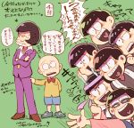  6+boys :3 amazou bald black_hair blush bowtie buck_teeth chibita choromatsu constricted_pupils crossed_arms facial_hair formal glasses glowstick green_background hachimaki happi headband heart heart_in_mouth ichimatsu iyami jyushimatsu karamatsu looking_at_another male_focus messy_hair multiple_boys mustache necktie osomatsu-kun osomatsu-san osomatsu_(osomatsu-kun) purple_suit sextuplets shirt shorts siblings simple_background smile suit sweat t-shirt todomatsu translation_request tug 