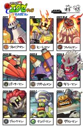  6+boys absurdres anger_vein angry blue_eyes burnman.exe clenched_teeth commentary_request dustman.exe english_text eraseman.exe fire fireman.exe flameman.exe green_eyes heatman.exe highres junkman.exe looking_at_viewer male_focus mega_man_(series) mega_man_battle_network_(series) mega_man_battle_network_3 mega_man_battle_network_4 mega_man_battle_network_6 mr._prog_(mega_man) multiple_boys napalmman.exe no_mouth numberman.exe odo_7ta red_eyes teeth trait_connection translation_request upper_body v yellow_eyes 
