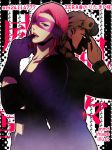  2boys back-to-back blonde_hair braid finger_in_mouth giorno_giovanna hisohiso jojo_no_kimyou_na_bouken lipstick long_hair makeup male_focus mask melone multiple_boys outline pink_hair pink_lipstick purple_gloves shadow tongue tongue_out 